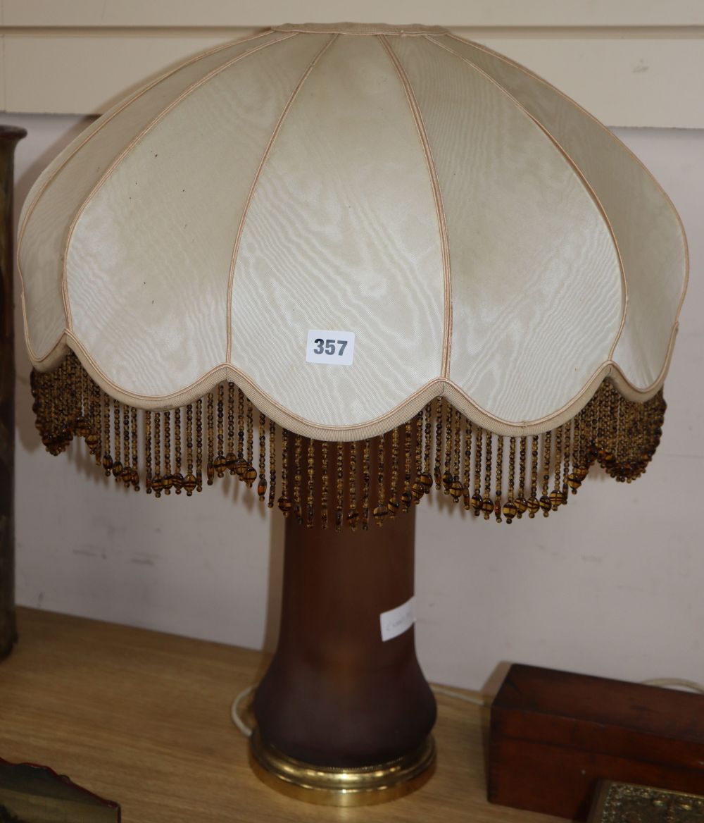 A frosted amber glass lamp, overall 66cm
